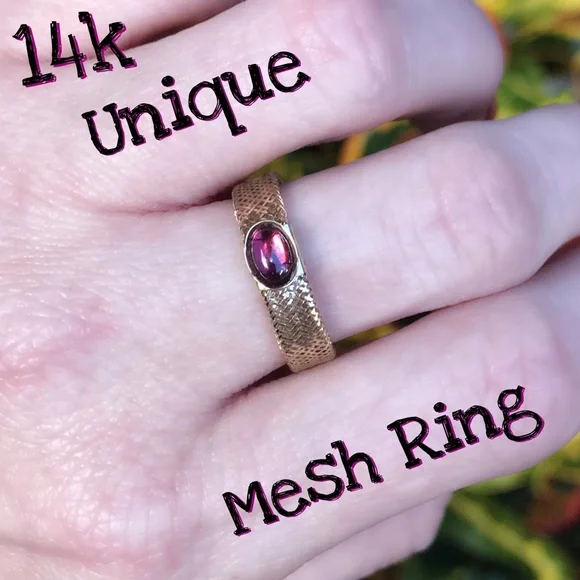 14k Gold Unique Designer Amethyst (?) Mesh Ring - Picture 1 of 8
